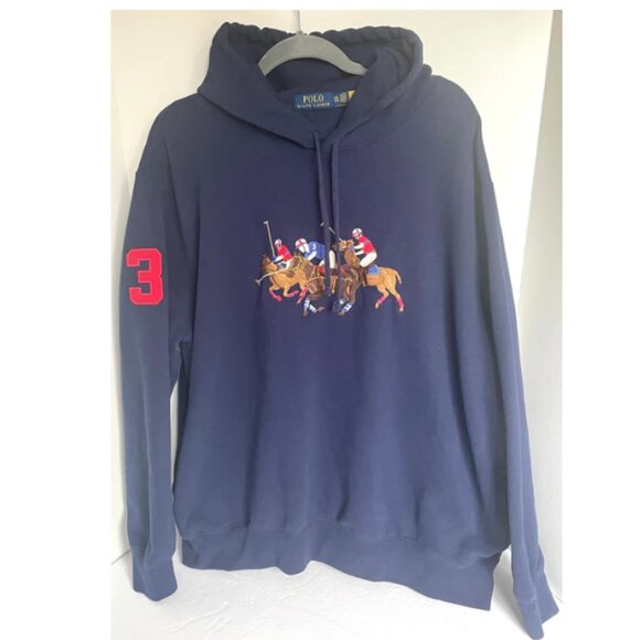 Polo Ralph Lauren Men’s XXL Blue Triple Pony Hoodie Equestrian Logo Classic Swea - Picture 7 of 7